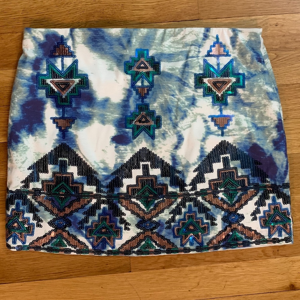 Express Tribal Sequined Mini Skirt Blue Small